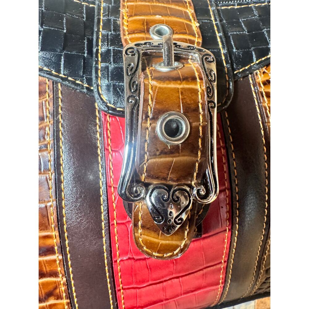 M.C. Croc-Embossed Multi-Color Shoulder Bag – Red Brown Black Faux Leather Purse - Picture 2 of 6